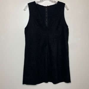 R. VIVIMOS Dress Black Pinafore Jumper Faux Suede V-Neck Exposed Back Zipper Sm